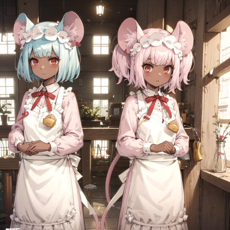 daikokuten two anime mouse girls dressed in pink with aprons standing in front of building, dark-skinned female, dark skin, animal ears, red eyes, apron, indoors, two cartoon mice in business suits and ties as  if they were businessmen, animal ears, dark skin, mouse ears, red eyes, white hair, necktie, mouse girl, tail, mouse tail, dark-skinned female, indoors, two mice that work in a kitchen wearing maid outfits and aprons, dark skin, animal ears, dark-skinned female, white hair, 2girls, hat, nurse cap, multiple girls, tail, indoors,
