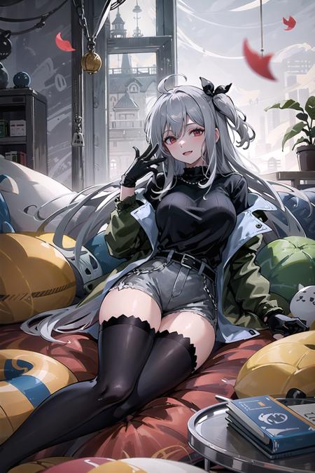 SKADITEA,solo, breasts,  black gloves, black shirt, black thighhighs, open clothes, looking at viewer, shorts, large breasts, open green jacket<lora:SKADITEA-000008:1> long hair, looking at viewer, lying, mouth hold, on side, padlock, petals, puffy sleeves, see-through, smile, solo, thighhighs, underwear,thighhighs, wide sleeves, window, hair intakes, bangs,