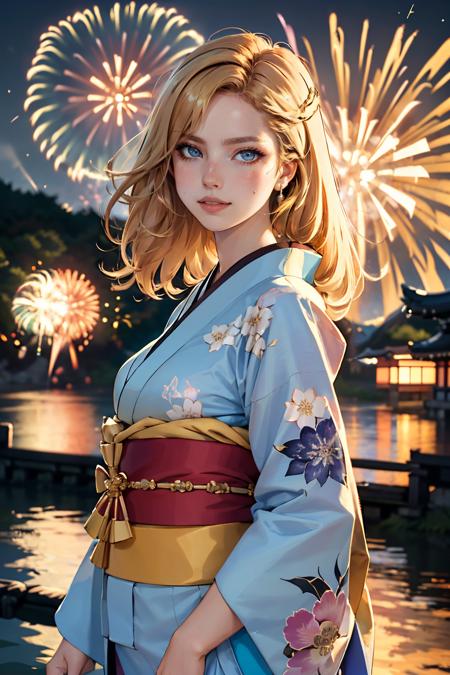 frontal view, (best quality, masterpiece, colorful, dynamic angle, highest detailed) Realistic photo, fashion photography of a cute European girl with iridiscent blonde hair, flirting with POV, in traditional japanese gold&black kimono, ultra detailed kimono textures, perfect night, kyoto, fireworks, (intricate details, hyperdetailed:1.15), detailed, moonlight passing through hair, (official art, extreme detailed, highest detailed), HDR+ <lora:emilydtsv2-000010:1> emil1de1ta1sage