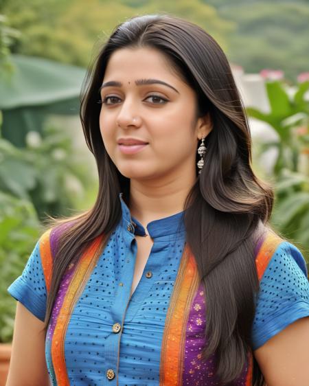 ultrarealistic full body photo of a 30-year-old charmi kaur, colorful modest high neck western wear, Nose scrunch of amusement, Two-shot camera angle, perfect eyes, looking at camera, film grain, day time at flower garden, beautiful bokeh < <lora:Charmi_Kaur_SDXL_LoRA:1>