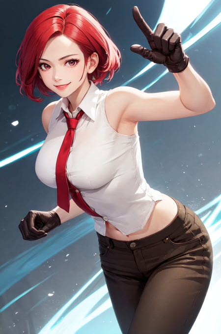 kofVanessa, red hair, short hair cropped shirt, white shirt, tie, pants, navel