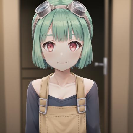 best quality, (masterpiece:1.2), illustration, absurdres,
(1girl, solo), (beautiful detailed girl), ((upper body, portrait)), (blurry background, depth of field), smile,
<lora:Mint-07:0.8>, Mint, green hair, red eyes, small breasts, thin, petite, goggles on forehead, goggles on hair,black vest, (brown apron:1.2), blue sneakers, green pants,(engineer, mechanic:1.1),tool belt, tool apron,,
in a hay barn