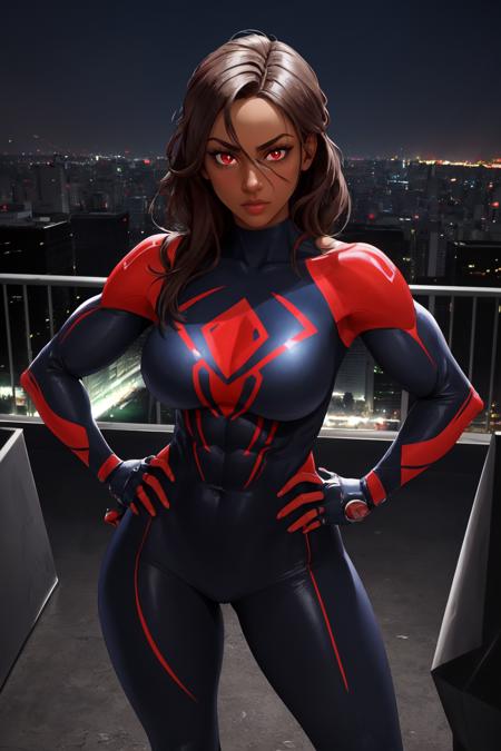 (masterpiece, best quality, absurdres), 1girl, solo, cowboy shot, sw2099, red eyes, dark-skinned female, looking at viewer, hands on hips, <lora:SpiderWoman2099_V1-Manityro:0.8>, glowing, black bodysuit, muscular, outdoors, city below, night, on rooftop