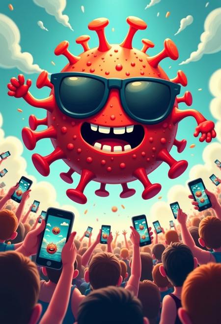 A comically large, cartoonish virus wearing sunglasses, crowd-surfing over a sea of smartphones.