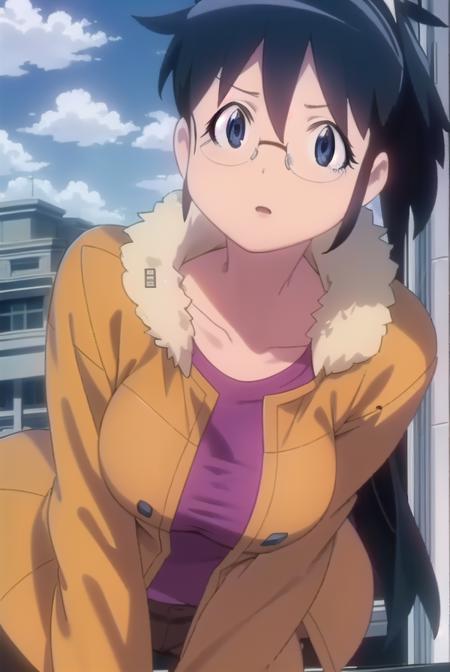 akihinata, <lora:aki hinata movie-lora-nochekaiser:1>,
aki hinata, long hair, blue hair, ponytail, glasses, (black eyes:1.3),
BREAK jacket, brown jacket, fur trim, long sleeves, shirt, purple shirt, collarbone, pants, black pants,
BREAK outdoors, city, sun, sky, clouds, buildings, people, crowd, 
BREAK looking at viewer, (cowboy shot:1.5),
BREAK <lyco:GoodHands-beta2:1>, (masterpiece:1.2), best quality, high resolution, unity 8k wallpaper, (illustration:0.8), (beautiful detailed eyes:1.6), extremely detailed face, perfect lighting, extremely detailed CG, (perfect hands, perfect anatomy),