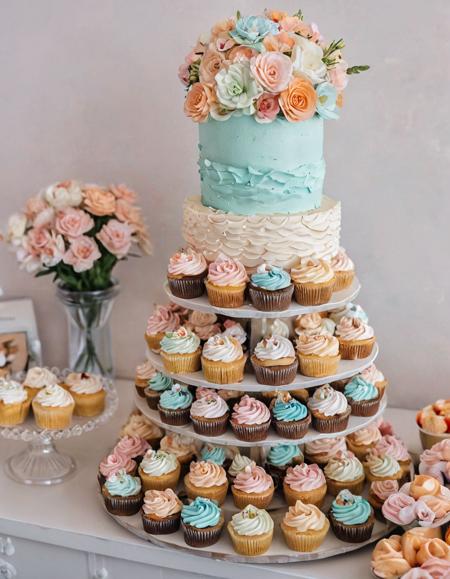 A modern dessert bar showcasing a variety of gourmet cupcakes with intricate frosting designs, macarons in pastel colors, and a tiered cake topped with edible flowers.