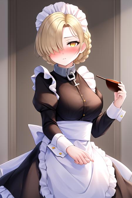 masterpiece, best quality, highres, solo, {sheffield_azurlane:1.10}, yellow_eyes, hair_over_one_eye, braid, short_hair, maid_headdress, breasts, blonde_hair, blush, maid, medium_breasts, bangs, apron