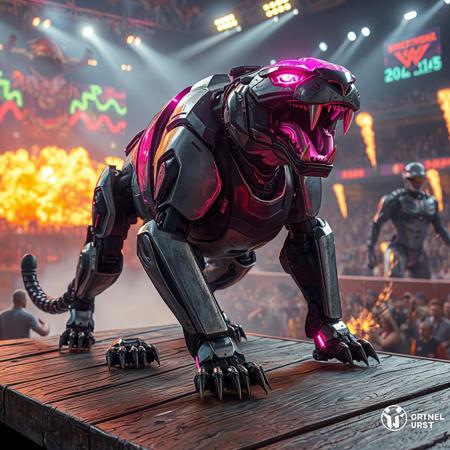 "A futuristic robot-like Advanced Crystal Beast Topaz Tiger, with a sleek gray metallic body, glowing pink head, and jet-black limbs, stands menacingly on a weathered wooden platform. Its sharp metallic teeth gleam under dramatic cinematic lighting, contrasting with the chaotic World Dino Wrestling arena backdrop—a vibrant mix of neon holograms, roaring dinosaur robots, and laser-lit crowds. Stylized with hyper-detailed textures: scratched armor, glowing circuit patterns on the pink head, and matte-black hydraulic joints. Rendered in Unreal Engine 5 realism, Octane Render gloss, and dynamic Dutch angle composition. Color palette: monochrome steel, electric pink highlights, and fiery orange explosions in the background. Inspired by Pacific Rim mecha designs and retro toy advertisements, with bold shadows, volumetric fog, and splatter-effect energy sparks. Trending on ArtStation, 8K HDR, golden ratio framing. The tiger’s pose exudes power: legs spread, claws extended, as if ready to pounce. Matte painting depth blends 3D CGI and comic-book ink outlines, emphasizing its role as a collectible toy centerpiece. Tags: sci-fi beast, high-contrast, mecha-wrestling, promotional key art."