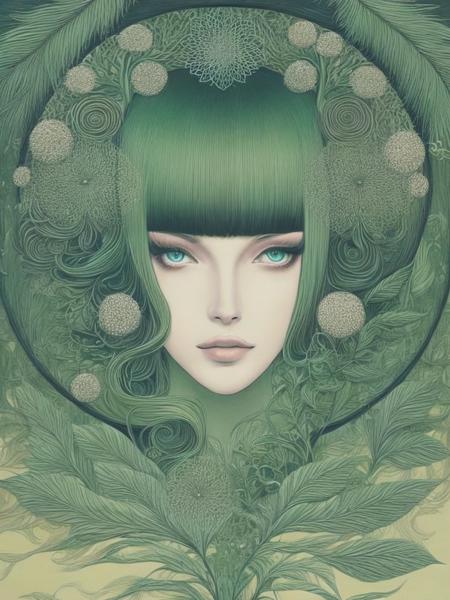 <lyco:AudreyKawasaki:1.0> Design an artwork reminiscent of Audrey Kawasaki's style, combining elements of the natural world with a sense of mystery and allure. Incorporate botanical motifs, ethereal textures, and a limited color palette to evoke a sense of intrigue and beauty