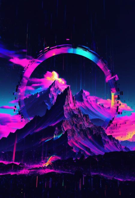 wallpaper in the style of glitch art glitchcore digital glitching, glitchpunk
a mountain with an energy ring. Glitch effects overlay the photo,
colorful and psychedelic glitch effect. The sky is full of digital static and pixelated clouds. In some places there's black sparkling dust floating around. A psychedelic rainbow swirls at one end of the picture. It all looks very trippy.