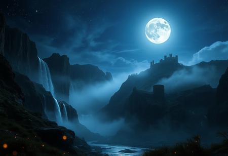 A mystical, moonlit landscape of jagged cliffs and towering waterfalls cascading into a misty valley below. The dark sky is adorned with shimmering stars and a brilliant full moon that bathes the entire scene in a soft, silver glow. In the distance, ancient ruins of a stone castle rest atop a hill, partially hidden by fog. The still waters of a nearby river glisten under the moonlight, while faint fireflies flicker in the foreground, adding a magical touch. The scene feels otherworldly, serene, and filled with the timeless beauty of a peaceful night.