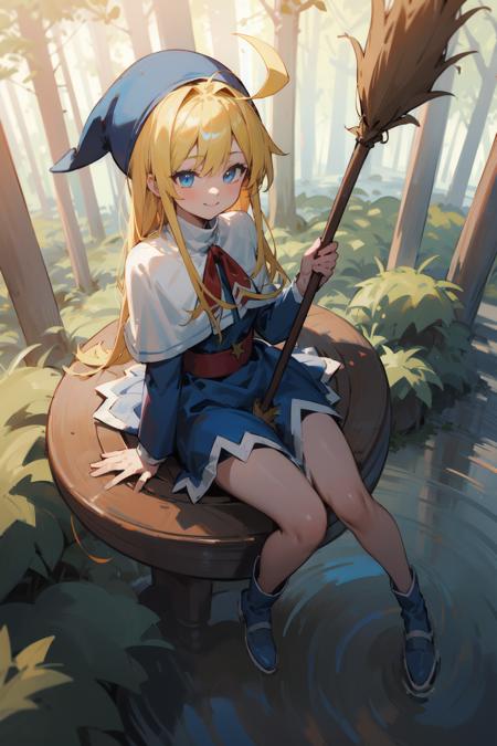 (detailed background), beautiful cg, best quality, (cinematic), witchpuyo, 1girl, blue dress, white capelet, red bow, blue headwear, blue footwear, sash, ahoge, holding broom, sitting, smile, sky, ground, day, forest, from above <lora:witchpuyopuyov5:1>