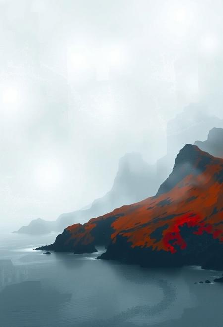 A dramatic Nordic landscape in thick fog, rendered in vibrant complimentary colors.  Minimalistic details highlight a rugged coastline and vast seascape. Expressive brushwork captures a moody atmosphere with dark tones, stark contrasts, and balanced color tones.