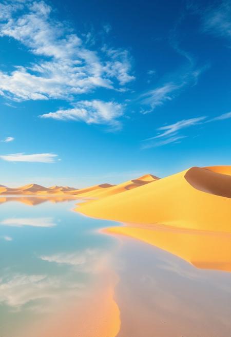 A beautiful desert landscape with golden sand dunes reflecting clear white water, serene atmosphere, vibrant blue sky, hyper-realistic digital painting, stunning detail, dramatic lighting, by David LaChapelle and Thomas Kinkade, 8k resolution, artstation trending
