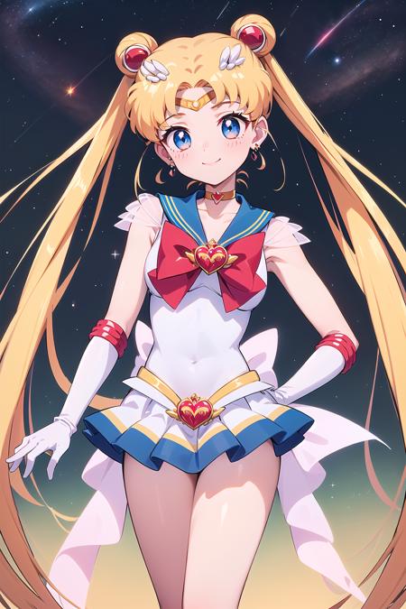 supersailormoon supersailormoon, double bun, twintails, circlet, jewelry, earrings, choker, red bow, white gloves, elbow gloves, miniskirt