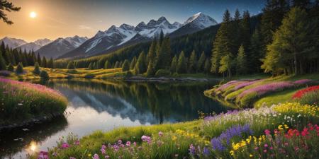 masterpiece, best quality, ultra-detailed, realistic, 8k, a pine tree, flowers fields, many kinds of flowers, a couple of rabbits on very distant, lakes, meadows, glitter, moonlight, out-of-this-world scenery, lifelike, naturalism, greatest naturalism photo, immaculate detailed realism photography, rich colors, best colors perfect composition, perfect colors, colorful, clear photo, intrigue nature panorama, delicate nature photo, immaculate micro-details nature elements, out-of-this-world scenery, landscape, flowers, crystal fantastic, breathtaking beautiful nature, unmatched beauty nature, more nature elements, rich nature elements, aesthetic, artistic style, surreal, insanely lifelike, top best naturalism photography, greatest detailed, intricate details, depth of field, no human, detailerlora,