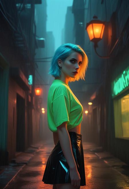 In a striking homage to Buffy the Vampire Slayer reimagined through a cyberpunk lens, a young woman with vibrant neon green hair cascading down her shoulders stands defiantly against a backdrop of shadowy alleyways illuminated by the eerie glow of futuristic street lamps. Her signal orange shirt, a beacon in the darkness, contrasts boldly with an ice blue skirt that seems to shimmer with an otherworldly luminescence. She turns alluringly over her shoulder, her gaze piercing directly into the camera with a mix of confidence and mystery, channeling the essence of a modern-day vampire slayer ready to face the night's challenges. The scene is bathed in a clash of warm and cool tones, creating a palpable tension between the organic and the synthetic. Hints of mist swirl around her feet, adding an air of mystique to the urban setting. In the distance, holographic advertisements flicker, casting prismatic reflections on rain-slicked streets. The composition, inspired by the dynamic framing of comic book panels, draws the eye to the subject while hinting at unseen dangers lurking just beyond the frame. This electrifying portrayal of strength and style is rendered in the distinctive, high-contrast style of Patrick Nagel, known for his iconic '80s aesthetics, bringing a retro-futuristic flair to this contemporary twist on a cult classic.