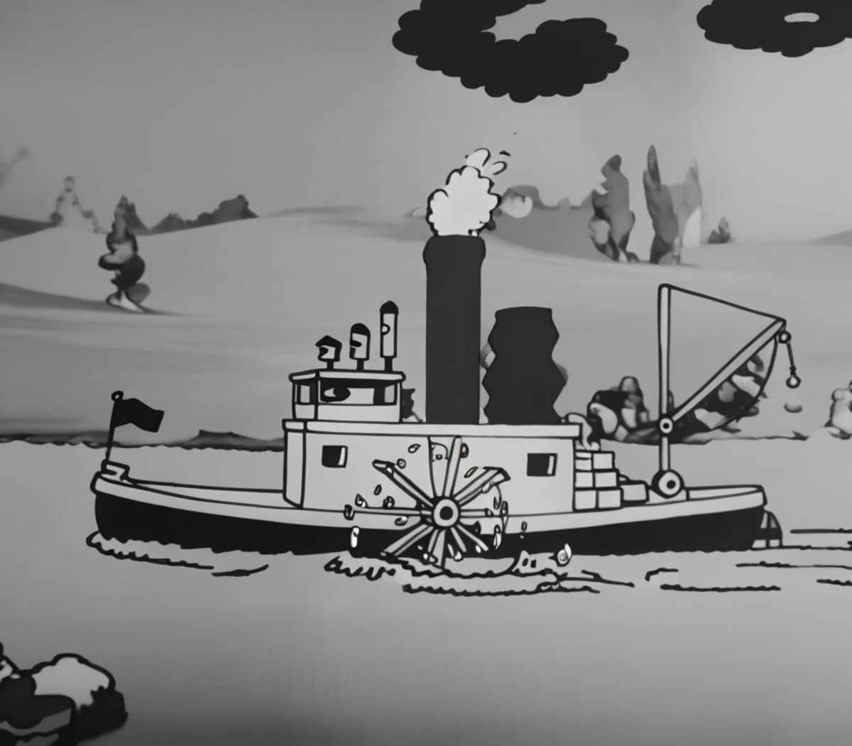 1920s animation, steamboat willie sailing on a river, scenery at background, rings of smoke coming from smokestack, waves
...