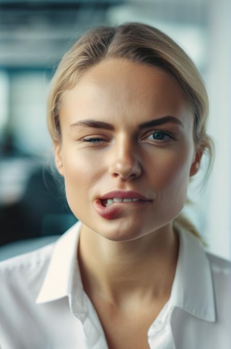 portrait photo of an 20 years old european blonde haired woman sitting in office,  \(biting her lips\), \(winks with one eye at viewer\) , 8k, uhd, realistic, detailed skin, insane detailed, Illumination daylight,  <lora:makeup_050_cosine_iter2_ 0012_sdxl_10epoches_adafactor-step00006200:1.2>,