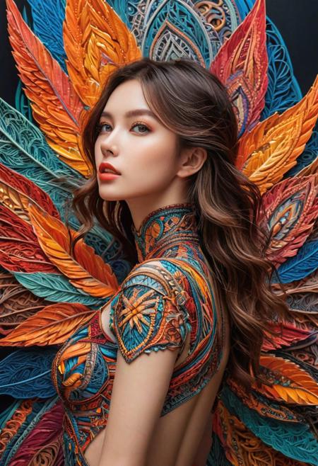 photo of TWbabeXL01, NSFW, official art, unity 8k wallpaper, ultra detailed, beautiful and aesthetic, masterpiece, best quality, realistic, 1girl, extremely detailed, dynamic angle, (zentangle, mandala, tangle, entangle), the most beautiful form of chaos, elegant, a brutalist designed, vivid colors, romanticism, plasma flame,