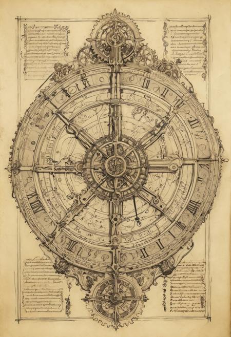  Ink sketch on aged parchment, a time travel device designed by Da Vinci, a complex machine with multiple rotating gears, glowing symbols, and delicate hinges. The device is encased in an ornate structure, with fine lines illustrating the intricate balance of function and mysticism. The dark ink contrasts against the aged paper, suggesting a mysterious invention ahead of its time, filled with both Renaissance artistry and a sense of otherworldly knowledge