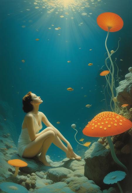 Curiosity, fascination, phosphorescence Artists: Mann, Gammell, Kley, Goldin, Gerome, Quentin Blake, Damien Hirst, Hajime Sorayama, Anne Bachelier, Gibson, Rockwell, Seagrave, Alberto Vargas, N.C. Wyeth, beksinski, Parrish Style: American Realism Color Palette: warm Vibrant, Parrish blue Techniques: impasto Details: idyllic, innocence, fractalize