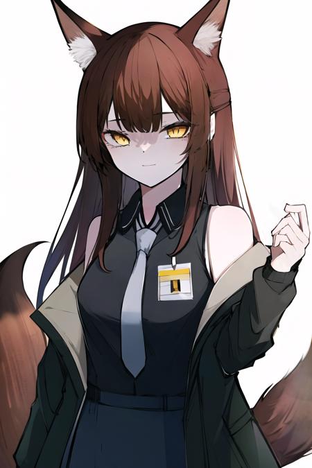 (high quality, high resolution:1.3), 4k, masterpiece, 
BREAK
1girl,  <lora:Franka:0.85>, Franka, 1girl, animal ears, upper body, fox ears, brown hair, tail, yellow eyes, necktie, shirt, sleeveless shirt, grey necktie, off shoulder, jacket, smile, standing, id card, fox shadow puppet, simple background, white background,  <lora:Orihara_style_lora:1:1:lbw=OUTALL><lora:NoiseOffset_v2:1.0><lora:NoiseOffset_v2:1.0>