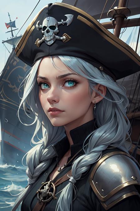 (Masterpiece, best quality:1.2),1 woman,fearless and courageous expression,mature,skinny shoulders,very skinny body,long dreads,black captitain dark pirate hat,dreads,vibrant green eyes,(detailed eyes and detailed face),outside of a ship,external ship background,detailed face,(medieval fantasy theme:1.1),light blue pirate-themed armor,neon-lights,<lora:GoodHands-beta2:1>