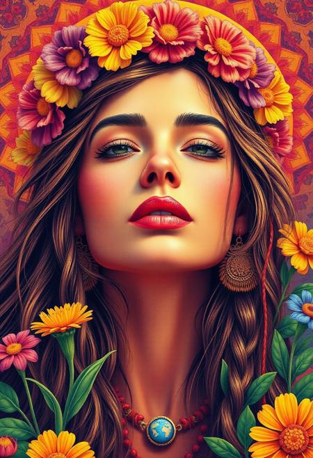 Masterpiece. beautiful hippie woman, sixties, poster, inspiring, hippie, flower power, peace and love symbol, summer of love, lsd, acid trip, high-res, semi realistic, best quality, intricate details, ultra details, good lighting, vibrant colors, very detailed, octane render, ray tracing