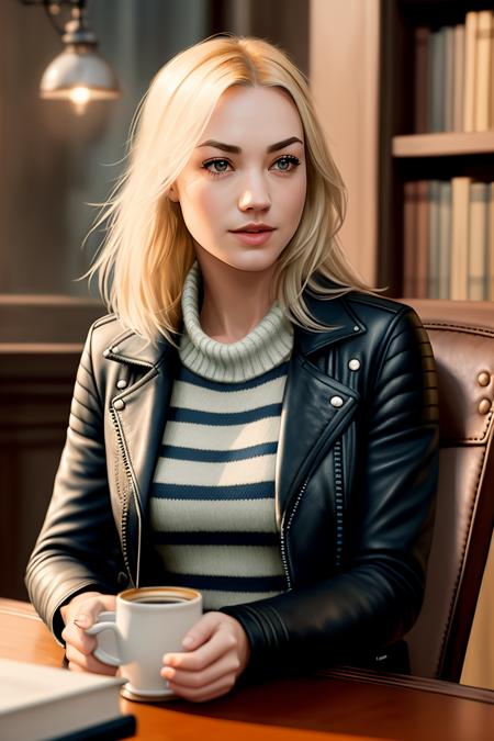 photo of (str4h0vski), a woman in a (leather jacket:1.2), (wearing a striped sweater:1.2), modelshoot style, (extremely detailed CG unity 8k wallpaper), photo of the most beautiful artwork in the world, professional majestic oil painting by Ed Blinkey, Atey Ghailan, Studio Ghibli, by Jeremy Mann, Greg Manchess, Antonio Moro, trending on ArtStation, trending on CGSociety, Intricate, High Detail, Sharp focus, dramatic, photorealistic painting art by midjourney and greg rutkowski, (holding 1 cup of coffee:1.1), (sitting on a chair:1.2), (in a library:1.3), (looking at viewer), (detailed pupils:1.3)