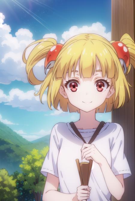 pattythesummer, <lora:patty the summer-lora-nochekaiser:1>,
patty the summer, short hair, blonde hair, (red eyes:1.3), twintails, two side up, hair ornament, smile,
BREAK shirt, (white shirt:1.5),
BREAK outdoors, forest, nature, sun, sky, clouds,
BREAK looking at viewer, (cowboy shot:1.5),
BREAK <lyco:GoodHands-beta2:1>, (masterpiece:1.2), best quality, high resolution, unity 8k wallpaper, (illustration:0.8), (beautiful detailed eyes:1.6), extremely detailed face, perfect lighting, extremely detailed CG, (perfect hands, perfect anatomy),