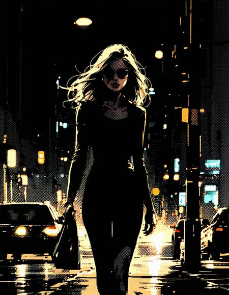 A woman walking in a city at night, comic book style, bold outlines, halftone shading, dynamic action pose, dramatic perspective