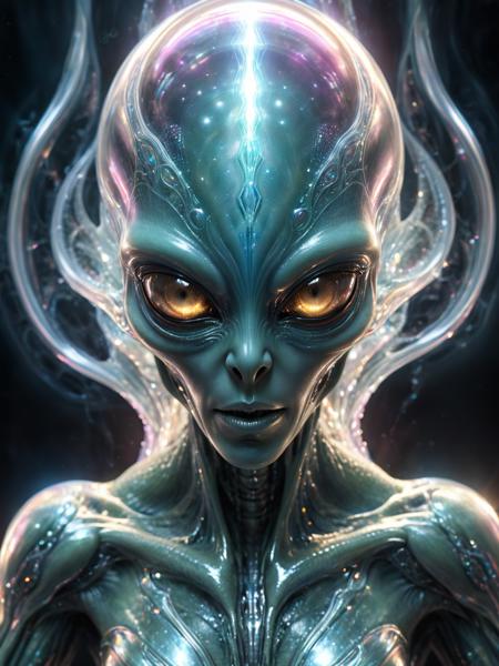 digital artwork of a crystalline and translucent alien being.  A surreal yet hyper realistic style, focusing on intricate details and textures with iridescent colors that reflect dynamic internal lighting. Aim for high-resolution to capture the delicate interplay of light and crystal structure.  bright intelligent eyes. <lora:xl_more_art-full_v1:0.8>