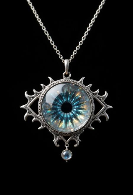 A silver pendant in the shape of an eye, its iris made from a swirling, pearlescent gemstone that shifts in color depending on the light. The intricate chain is impossibly fine, almost weightless, yet unbreakable. When held up to the moon, the gemstone reflects not just the light, but glimpses of unseen figures in the shadows. The closer one listens, the fainter the whispers become, as if the amulet holds secrets that refuse to be spoken.
   , aidmamjv7, aidmaHyperrealism, aidmaimageupgrader