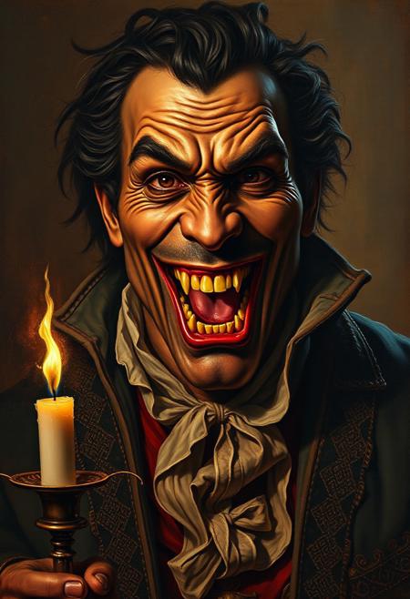 painting by gaston bussiere, craig mullins and Gabriele Dell'otto, afroamerican musclechub vampire in XIX century New Orleans, upper body portrait, detailed facial features, big grin, open mouth with fangs, high texture, rich colors, historical, gothic horror, dramatic lighting, dim candlelit ambiance, intricate costume, ominous atmosphere, heavy brushstrokes, vintage, eerie, mysterious, 4k, ultra-detailed, historical, gothic horror, dramatic lighting, dim candlelit ambiance, artistic oil painting stick