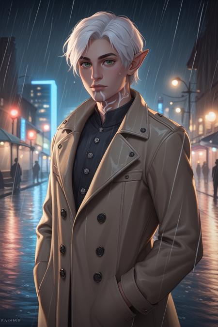 DA2Fenris, 1boy, white hair, green eyes, white tattoo, pointy ears