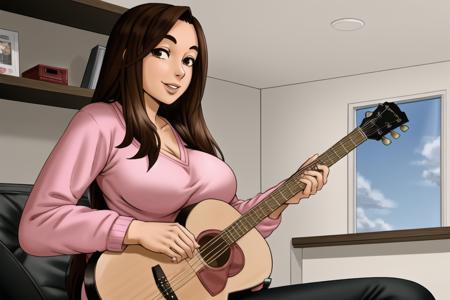 <lora:Shelter:.6>, sheltergame, masterpiece, best quality, 1girl, solo, long hair, breasts, looking at viewer, smile, large breasts, brown hair, shirt, holding, cleavage, brown eyes, sitting, indoors, sweater, lips, instrument, music, guitar, playing instrument, holding instrument, plectrum, pink sweater,