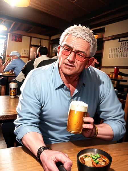 masterpiece, best quality, ultra-detailed, illustration,
murayakuba, izakaya, indoors, lamp, ceiling light, wooden floor, poster (object), 
multiple boys, (older man), silver hair , short cut, (mascular male:1.5), (sunglasses), cowboy hat, laughing, beer mug, beer, salad, food,karaage,
 <lora:Murayakuba:1>