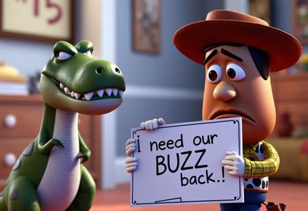Toy Story characters Rex and Mr Potato head standing next to Crying and sad Woody holding sign with text ((("We need our BUZZ back"))), blurry room background, pixar style