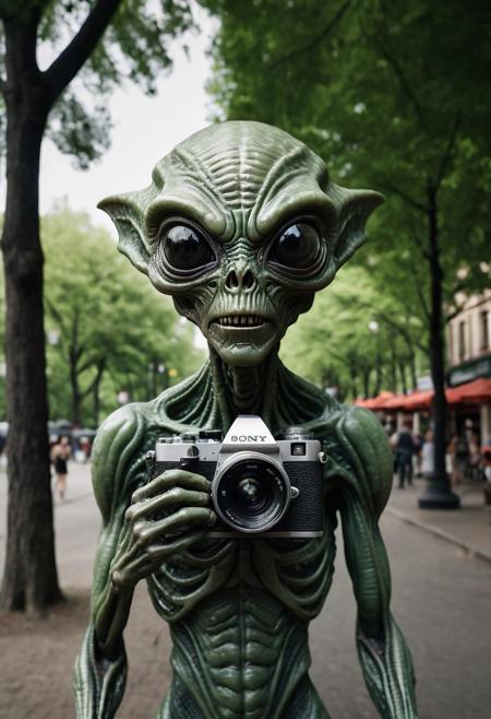 Photograph of an extremely creepy alien who has an old 35mm camera, the alien is taking tourism photos in the city park!
BREAK
,((uhd, 8k photograph taken with Sony A7R III, 1/30sec at f/5.6, ISO 20,000, 12-24mm f/4 at 12mm, slow shutter speed to capture motion blur, fear evoking angles, cinematic horror lighting, frightening shadows, perfect composition, award winning featured photograph, full-length photograph))
ng_deepnegative_v1_75t, epiCRealism, Ellis-RealismBoost