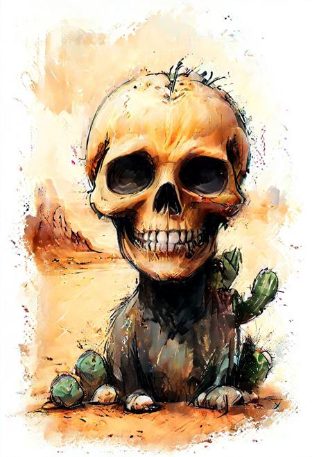 impactful color paint of cute drawing of a skull in desert, snake, cactus, highly detailed,  8k,   sharp,  professional, clear,   high contrast, crystal clear