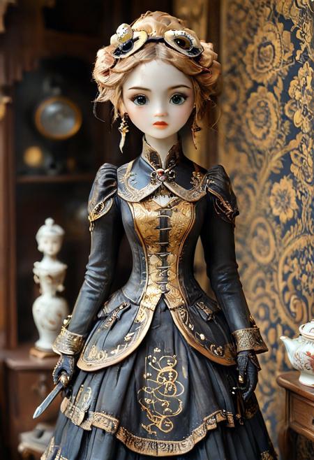 score_9, score_8_up, score_7_up, score_6_up, cartoon, ,CreepyCuteMagical , 
ceramic porcelain anthro automaton girl, mechanical joints  wearing   gold and bronze stempunk dress, holding ceramic katana, 
victorian bedroom background,
, dark theme,