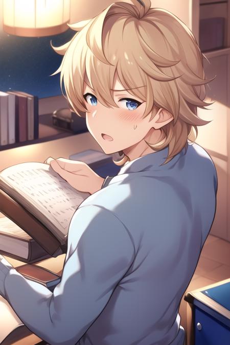 <lora:gbf_Romeo18:0.55>Romeo,(granbluefantasy:0.75),solo,from behind,male,blonde hair,medium hair,blue eyes,open mouth,blush,sweatdrop,looking at viewer,sweater,desk,holding book,night,desk light