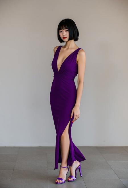 A 19-year-old Taiwanese woman with a black bob haircut, wearing a purple deep V-neck sleeveless dress and purple high-heeled open-toe sandals.
FHD, Rich in details, masterpiece.