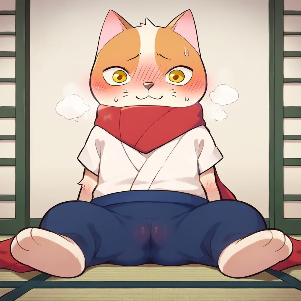 (no humans), (lucky \(doodle\)), score_9, score_8_up, score_7_up, score_6_up, furry, solo, solo focus, legs spread, sweat, steam, blush, 1girl, camel  toe, rating_explicit, red scarf, two heads tall, yellow eyes, sitting, tatami