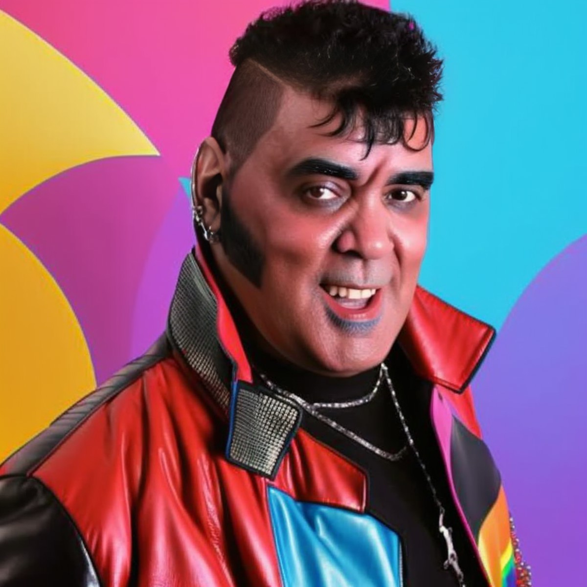 portrait of man (p4nter4:1) with red leather jacket, heavy punk haircut with rainbow color, middle body, 8k  <lyco:locon_p...