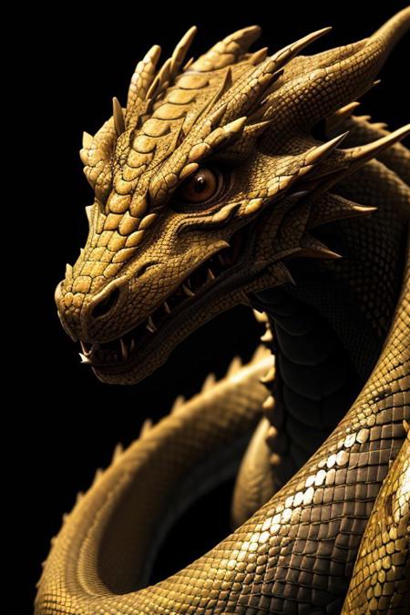 Asian dragon gold snake gradient vibrant neon colour, rough, textural, broad brush strokes, red color prominent detailed, alienzkin, silhouette, spotlight, dark theme, c4d, blender, raytracing, unreal engine 5, render 3d, face close up,