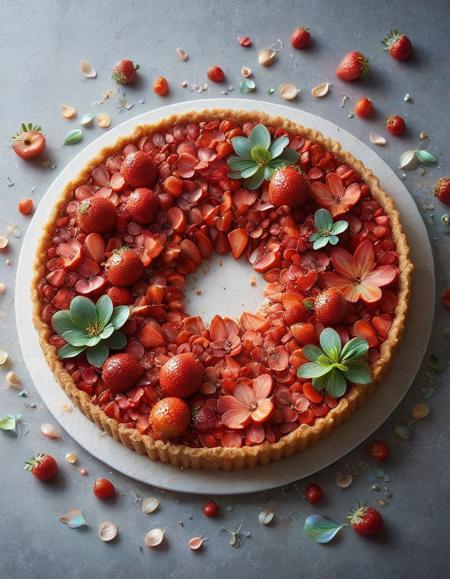 strawberry tart, p1nk1r1fl0wers, made out of iridescent flower petals, high quality, masterpiece <lora:PinkieIriFlwrsSDXL:1>