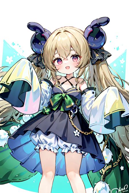 attilio_regolo\(azur_lane\),twintails,long_sleeves, sleeves_past_fingers, bloomers,dress, green_bow, hair ribbon,