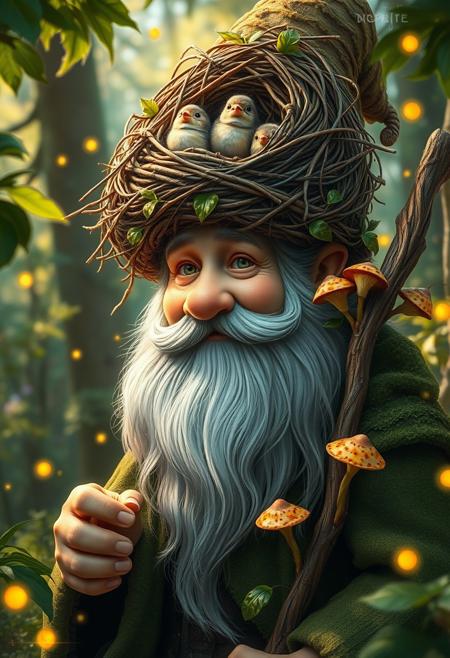 "Hyper-realistic depiction of a magical forest gnome, surrounded by lush, vibrant foliage and twinkling fireflies. The gnome's hat is a remarkable sight - a intricately woven bird's nest, complete with twigs, leaves, and feathers, and home to a brood of adorable baby birds. The birds' beady eyes peek out from the nest, and their tiny beaks open wide as they chirp for food. The gnome's face is a picture of gentle, wise kindness, with a long white beard and a twinkle in his eye. He wears a moss-green cloak and carries a staff made from a living tree branch, adorned with tiny, glowing mushrooms. The atmosphere is one of peaceful, enchanted wonder, with dappled sunlight filtering through the trees and a soft, earthy scent wafting through the air. Style: extremely detailed, hyper-realistic, and whimsically fantastical, with a focus on capturing the intricate textures and patterns of the natural world."
